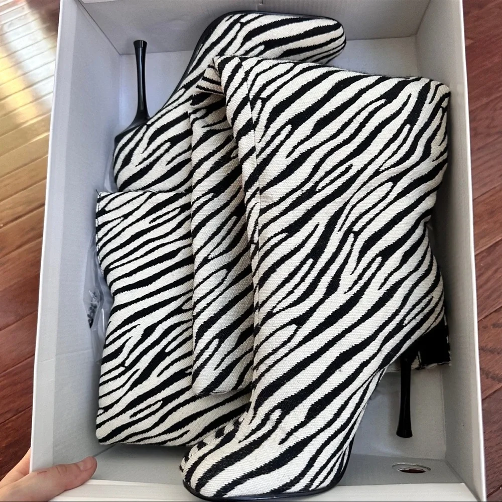 Steve Madden Alluring Zebra Black White Over the Knee Square Toe Heeled Boots